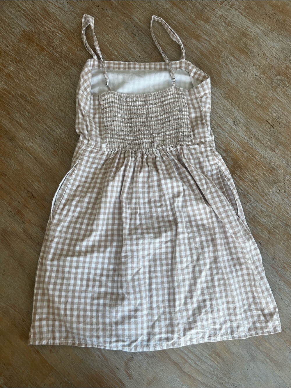 Gingham Spaghetti Strap Mini Dress in Beige - Picture 2 of 4